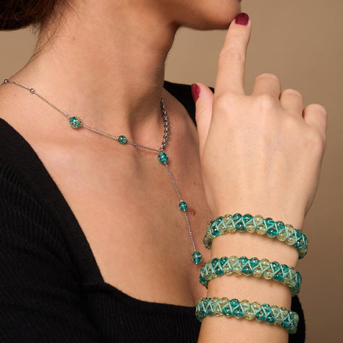 Sarcelle | Argent | Suspension double cascade de verre Firefly